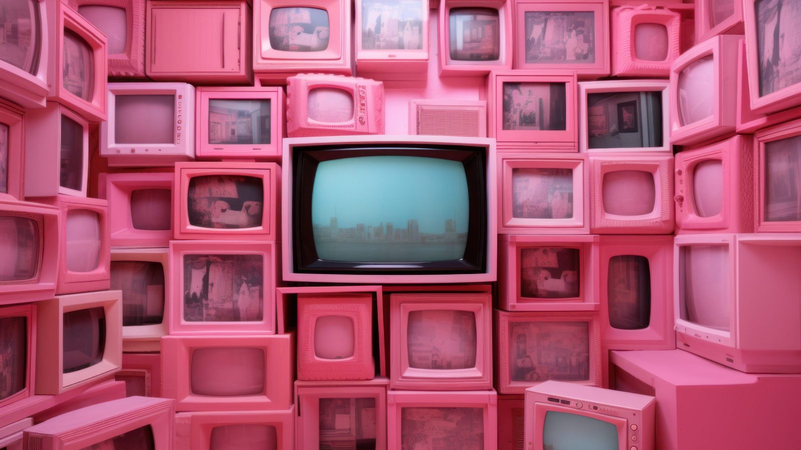 A striking array of pink vintage televisions with a prominent central tv showcasing a skyline