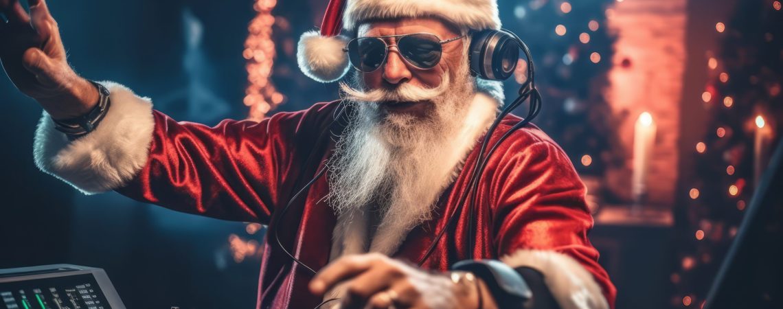 A lively Christmas party featuring Santa Claus as the DJ in a festive outfit, mixing tracks on a DJ mixer. The party is filled with energy and holiday cheer. Generative AI